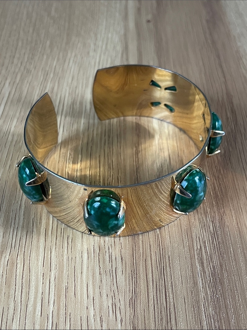Faux Green Gem Gold Cuff Bracelet